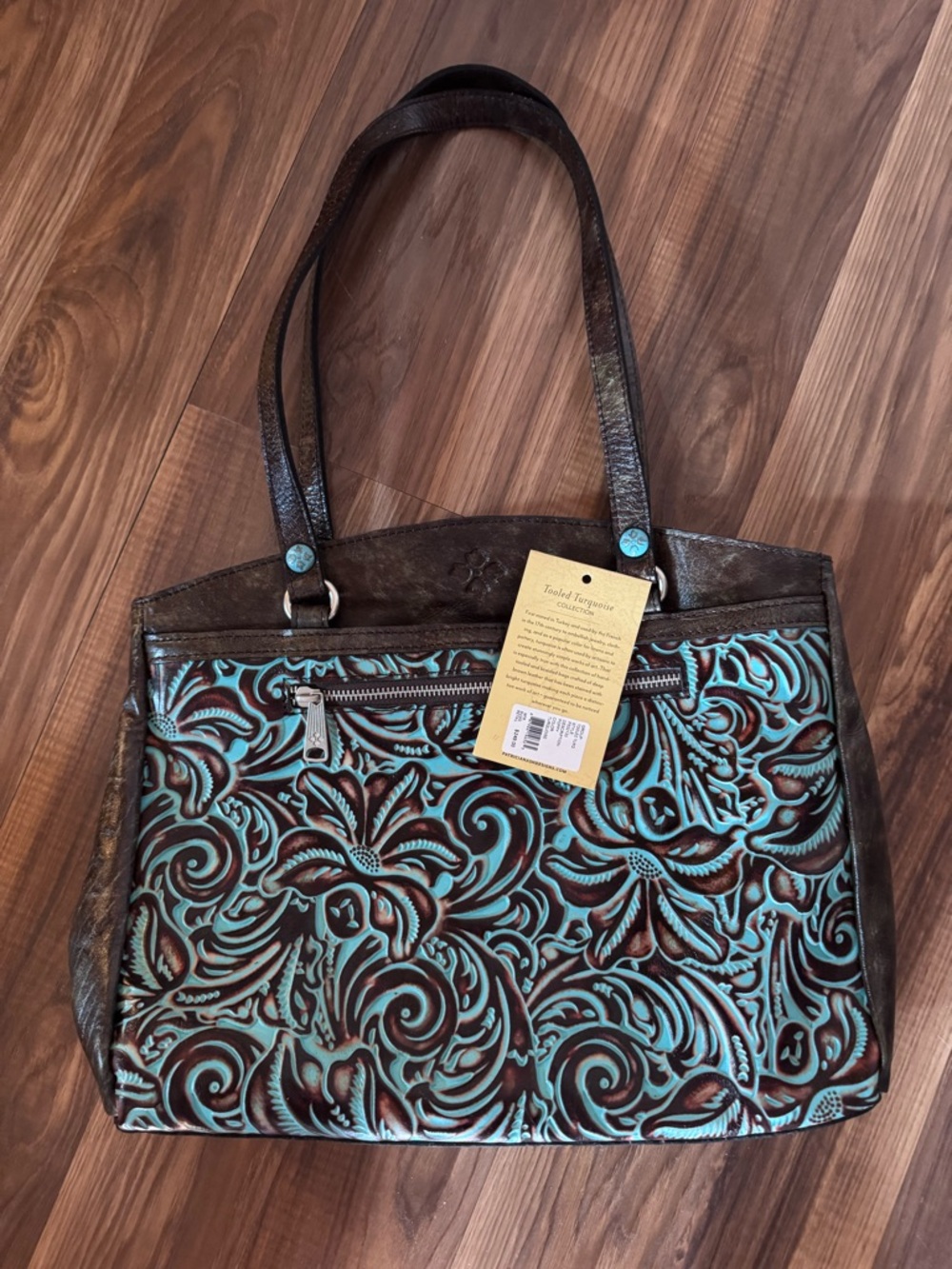 Patricia Nash Turquoise Tooled Leather Tote with Brown Accents